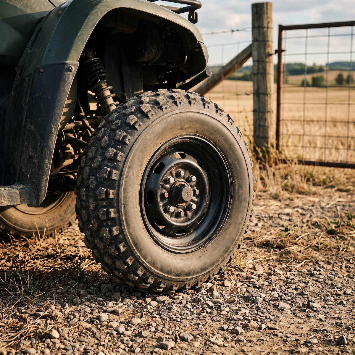 INVICTA ALL-TERRAIN ATV tire on a quad parked on a dry gravel farm track