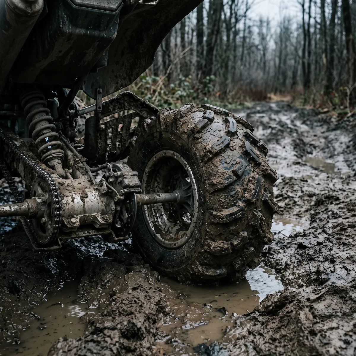 INVICTA M2 EVIL ATV mud tire on a quad parked in a deep rutted trail